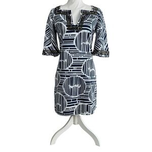 Trina Turk Dress Size 6 Beaded Sequins Perfect Kaftan Midi Cotton Blue Cotton